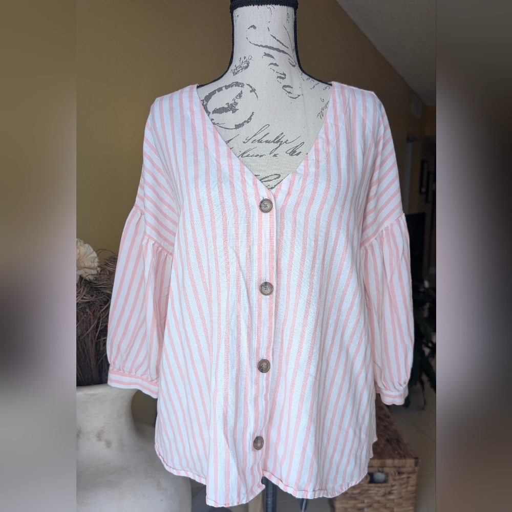 a.n.a Pink & White Striped Button Down Blouse XL 100% Cotton